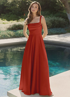 Azazie Shaude Bridesmaid Dresses Rust A-Line Pleated Stretch Satin Dress image4