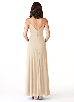 Azazie Evalin Bridesmaid Dresses Champagne A-Line V-Neck Pleated Mesh Dress image2