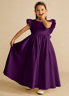 Azazie Piglette Flower Girl Dresses Grape A-Line Bow Matte Satin Dress image6
