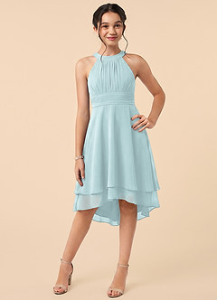 Azazie Linna Junior A-Linie Plissee Chiffon Kleid Nebel image1