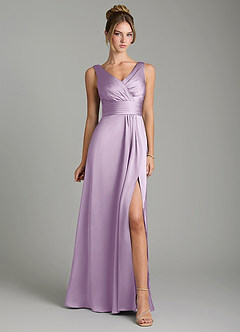 Azazie Karina Bridesmaid Dresses Frosted Lilac A-Line Pleated Stretch Satin Dress image6