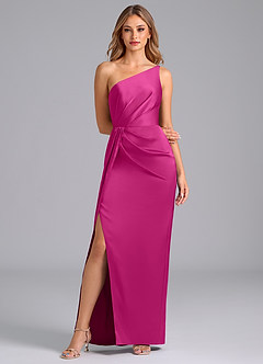 Azazie Naria Vestidos de damas de honor Vestido de Fucsia de Satén Elástico de Corte Recto con Hombro unilateral image3