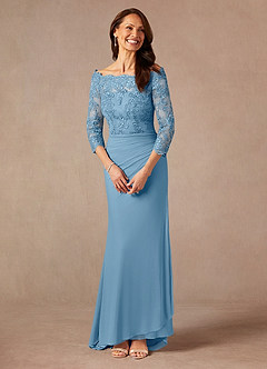 Azazie Rhonda Mother of the Bride Dresses Steel Blue Mermaid Off the Shoulder Mesh Dress image5