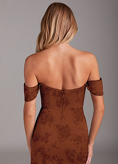 Azazie Saige Bridesmaid Dresses Burnt Orange Floral Sheath Off the Shoulder Stretch Satin Dress image9