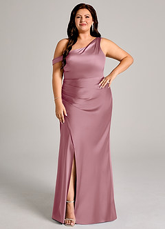 Azazie Madelyn Robes de demoiselle d'honneur Robe Sirène Convertible en Satin extensible Une épaule Mauve Vintage image9