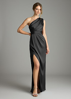 Azazie Emorie Final Sale Black Sheath One Shoulder Stretch Satin Dress image1