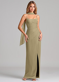 Azazie Calandra Bridesmaid Dresses Moss Green Sheath Pleated Chiffon Dress image1