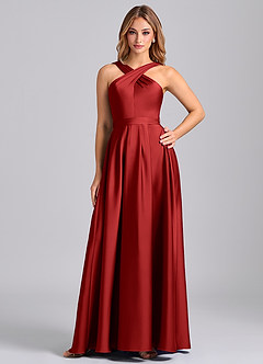 Azazie Dixie Bridesmaid Dresses Pomegranate A-Line Pleated Stretch Satin Dress image1