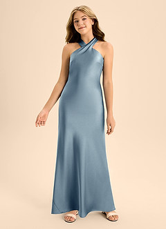 Azazie Doretta Junior Dusty Blue A-Line Pleated Stretch Satin Dress image4