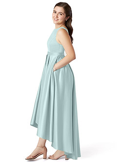 Azazie Inaya Junior Mist A-Line with Belt Stretch Satin Dress image4