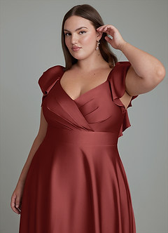 Azazie Leilani Robes de demoiselle d'honneur Robe Trapèze en Satin extensible Drapé Terracotta image3
