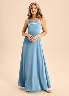 Azazie Anselie Junior Steel Blue A-Line Off the Shoulder Stretch Satin Dress image3