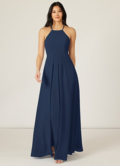 Azazie Sarah Robes de demoiselle d'honneur Robe Empire en Mousseline de soie Plissée Bleu Marine Foncé image1