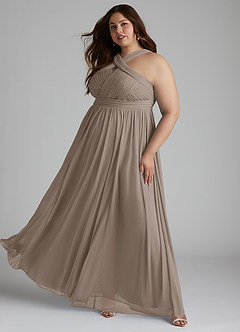 Azazie Hillian Bridesmaid Dresses Taupe A-Line Halter Pleated Mesh Dress image11