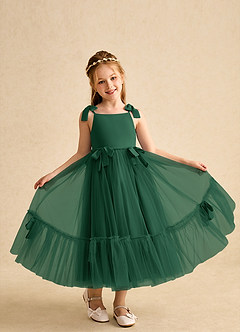 Azazie Jaci vestidos de niña de las flores Vestido de Verde Oscuro de Gasa de Corte En A con Tirante Espagueti image4