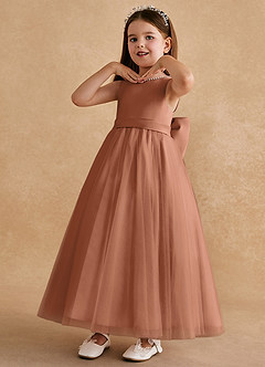 Azazie Cookie Robe Demoiselle D'honneur Fillette Robe Trapèze en Tulle Arc Bronze image4