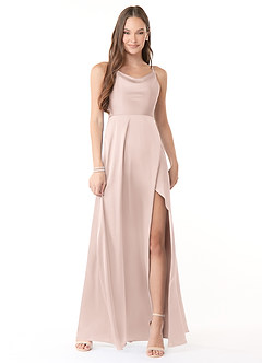 Azazie Naomie Abiti da Damigella Abito A-Line in Raso Elasticizzato con Scollo a Cappuccio e Spacco Laterale Rosa Rossore image1