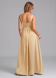 Azazie Keyla Bridesmaid Dresses Gold A-Line Pleated Stretch Satin Dress image2