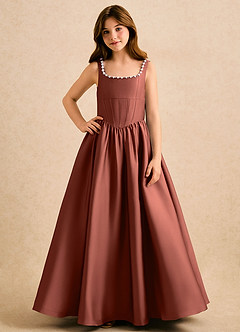 Azazie Enid Girls Formal Blomsterpigekjoler A-Line Perlebesat Stræk satin Gulv-længde Kjole image4