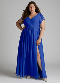 Azazie Zella Robes de demoiselle d'honneur Robe Trapèze en Mousseline de soie Dentelle Bleu Roi image8