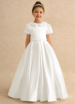 Azazie Gabriella Blumenmädchenkleider Ballkleid mit ärmel Matte Satin Kleid Elfenbein image4