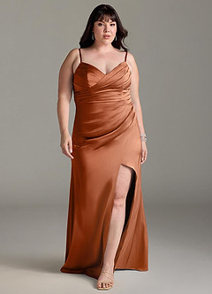 Azazie Yola Bridesmaid Dresses Copper Sheath V-Neck Pleated Stretch Satin Convertible Dress image9