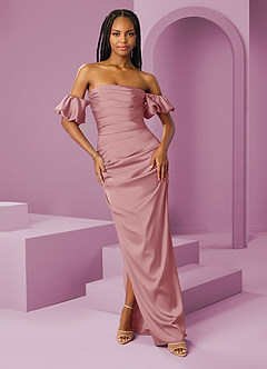 Barbie ♥ Azazie Bridesmaid Dresses Dusty Rose Sheath Off the Shoulder Stretch Satin Convertible Dress image1