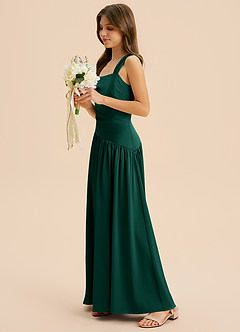Azazie Dotty Junior Emerald A-Line Pleated Stretch Satin Dress image3