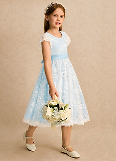 Azazie Maisie Flower Girl Dresses Ivory Sky Blue A-Line Lace Dress image4