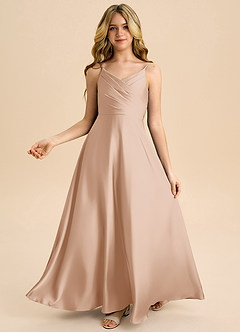 Azazie Bug Junior Robe Trapèze en Satin extensible Plissée Rose Perle image2