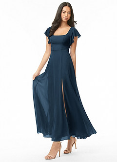 Azazie Bondi Bridesmaid Dresses Dark Navy A-Line Ruched Chiffon Dress image3