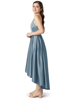 Azazie Jemima Junior Dusty Blue A-Line with Pockets Stretch Satin Dress image3