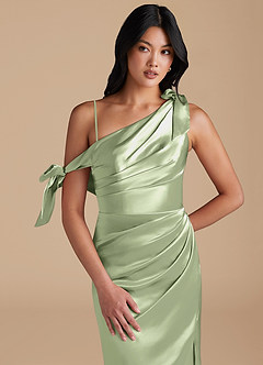 Azazie Xyla Bridesmaid Dresses Dusty Sage Sheath Off the Shoulder Metallic Satin Convertible Dress image2