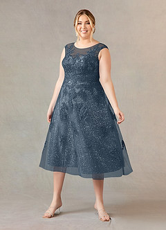 Azazie Flynn Mère de la mariée Robes Robe Trapèze en Tulle Col bateau dentelle Neptune image6
