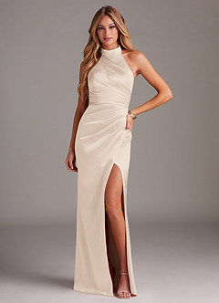 Azazie Jemma Bridesmaid Dresses White Alabaster Sheath Pleated Stretch Satin Dress image2