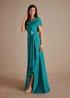Azazie Branford Mother of the Bride Dresses Teal A-Line Pleated Stretch Satin Dress image2