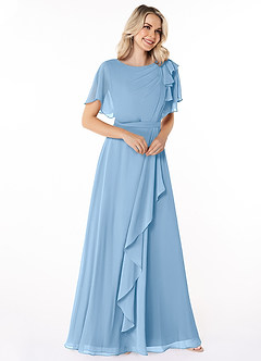 Azazie Aaliyah Bescheiden Bruidsmeisjekleding A-Lijn Bocht Gevouwen Chiffon Vloerlengte Jurk image3