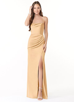 Azazie Leonis Bridesmaid Dresses Gold Mermaid Pleated Stretch Satin Convertible Dress image1
