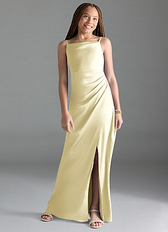 Azazie Leonis Junior A-Linie Plissee Stretch-Satin Kleid Zitronensorbet image1