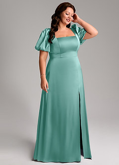 Azazie Fyona Vestidos de damas de honor Vestido de Aqua de Satén Elástico de Corte en A con Plisado image6
