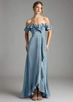 Azazie Lyra Bridesmaid Dresses Dusty Blue A-Line Off the Shoulder Stretch Satin Convertible Dress image1