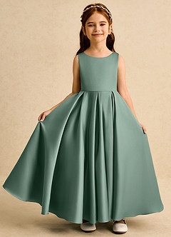 Azazie Pepper Flower Girl Dresses Eucalyptus A-Line Pleated Matte Satin Dress image3