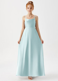Azazie Shale Junior Sea Glass A-Line Stretch Satin Dress image3