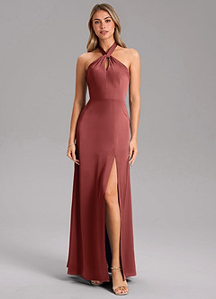 Azazie Tracie At-home Try On Dresses Bronzer A-Line Side Slit Stretch Satin Dress image5
