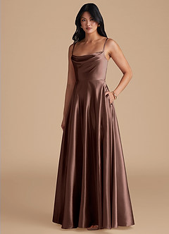 Azazie Elle Bridesmaid Dresses Espresso A-Line with Pockets Metallic Satin Dress image1