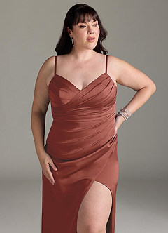 Azazie Yola Bridesmaid Dresses Auburn Sheath V-Neck Pleated Stretch Satin Convertible Dress image14