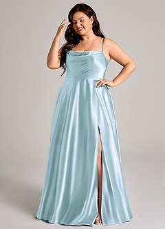 Azazie Elle Bridesmaid Dresses Sky Blue A-Line with Pockets Metallic Satin Dress image4