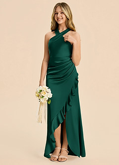 Azazie Thea Junior Emerald Sheath Ruched Stretch Satin Dress image4