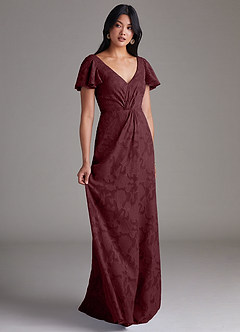 Azazie Soren Bridesmaid Dresses Cabernet A-Line Pleated Floral Burnout Dress image2