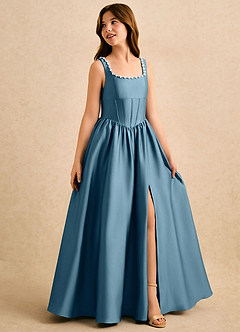Azazie Enid Girls Formal Blomsterpigekjoler A-Line Perlebesat Stræk satin Gulv-længde Kjole image3